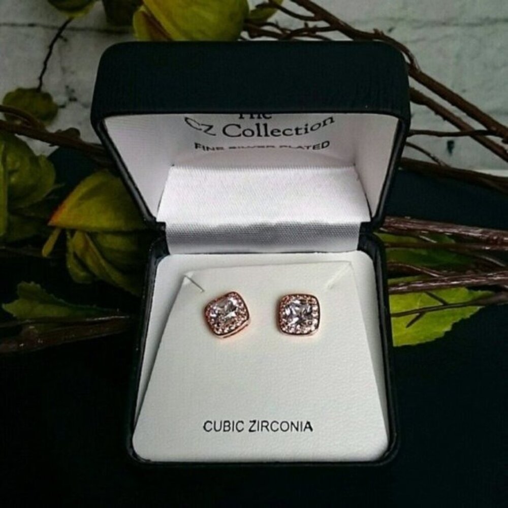 The CZ Collection Square Halo Earrings Rose Gold